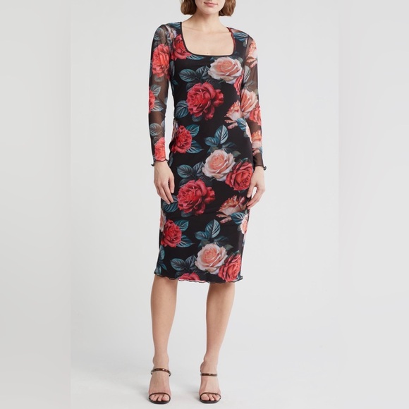 bebe Dresses & Skirts - bebe Black Square Neck Long Sleeve Mesh Midi Dress